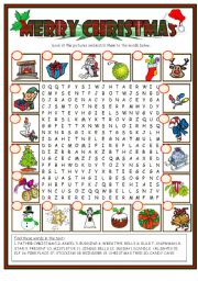 English Worksheet: Christmas wordsearch (BW included)