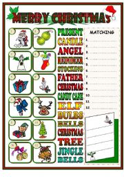 English Worksheet: Christmas matching (BW included)