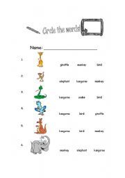 English worksheet: circle the word.jungle animal