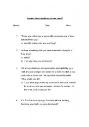 English worksheet: bellringer questions