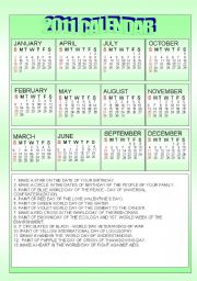 English Worksheet: 2011 CALENDAR    - B&W  + KEY INCLUDED