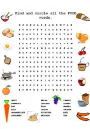 English Worksheet: FOOD WORD SEARCH PUZZLE