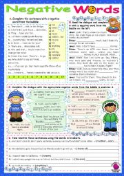 English Worksheet: Negative Words   (no, not, neither, nor, none, any, never...)