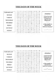 English worksheet: THE DAYS OF THE WEEK WORDSEARCH