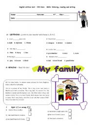 English Worksheet: Test- 5th form- My family and me