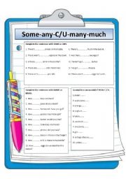 English Worksheet: Some-any-C/U-many-much (B&W + key)