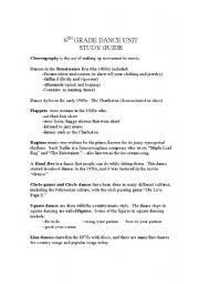 English Worksheet: Dance Unit Study Guide