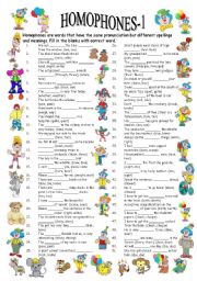 English Worksheet: HOMOPHONES-1/3 (editable with answer key)