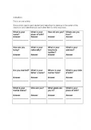 English worksheet: personal information quiz