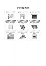 English worksheet: FAVORITES SPEAKING CARDS B/W (18 cards)