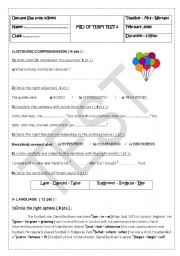 English Worksheet: MID TERM TEST 2 for 8th formers