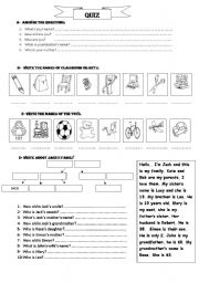 English Worksheet: Quiz (classroom obj, toys, family)