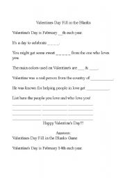 English worksheet: Valentines Day Fill in the blanks