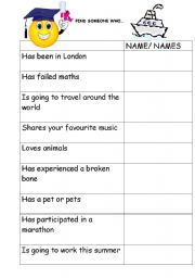 English worksheet: FIND SOMEONE WHO...