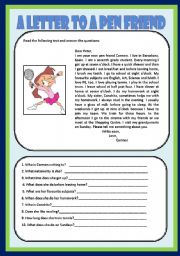 English Worksheet: A LETTER TO A PEN FRIEND