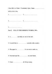 English Worksheet: spelling and vocabulary quiz