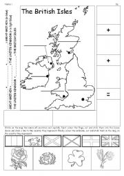 English Worksheet: British Isles map + flags + emblems