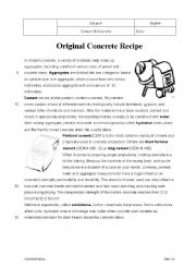 English worksheet: Original concrete recipe