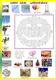 English Worksheet: MARDI GRAS WORD SEARCH -PICTIONARY +KEY