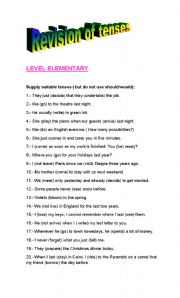 English worksheet: REVISION OF TENSES - ELEMENTARY LEVEL