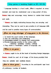 English Worksheet: using  games in esl/efl