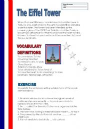 English Worksheet: The Eiffel Tower  ( vocabulary+exercise+key included)