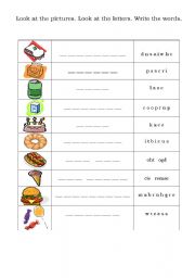 English Worksheet: Unscramble the letters to write words