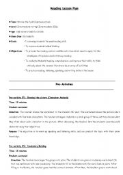 English worksheet: Reading Lesson Plan