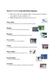 English Worksheet: The 15 sports in the 2010 Winter Olympics