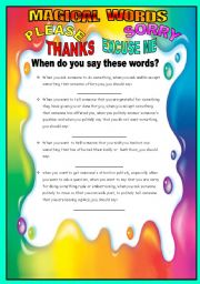 English Worksheet: magical words please, thanks, excuse me and sorry 