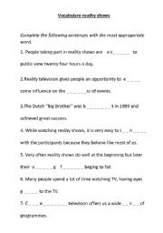 English worksheet: Reality shows-vocabulary