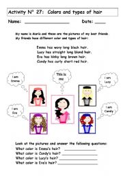 English Worksheet: COLORS AND TYPES OF HAIR
