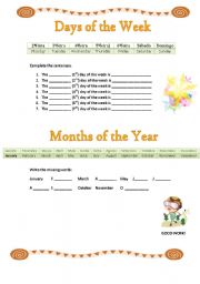 English worksheet: days of the week and months