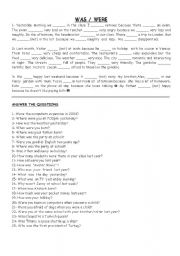 English Worksheet: TO BE-PAST TENSE