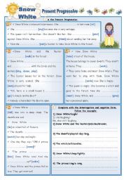 English Worksheet: Fairy Tales/Stories (2): Snow White - Read the story and complete with Present Progressive/Continuous