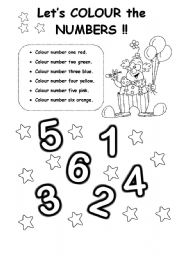 English Worksheet: Lets colour the Numbers (1 to 6)
