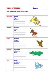 English worksheet: Kinds of animals