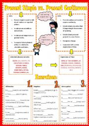 Present Simple vs. Present Continous - grammar guide + 2 pages exercises+ key - III