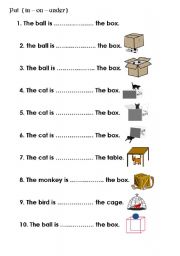 English Worksheet: preposition in on under