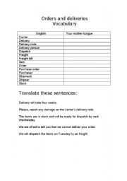 English worksheet: orders and deliveries vocabulary 