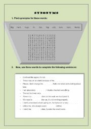 English worksheet: synonyms wordsearch and practice