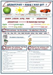 English Worksheet: ADJECTIVES + HAVE/HAS GOT 1/3