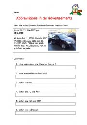 English Worksheet: Abbreviations in Car advertisements