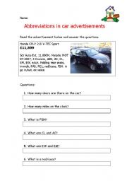 English worksheet: Abbreviations in Car advertisements