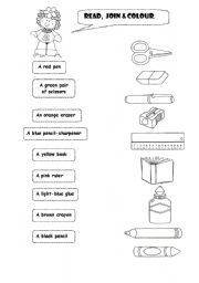 English Worksheet: CLASSROOM OBJECTS + COLOURS