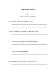 English Worksheet: Questions to go with Agatha Christies biography