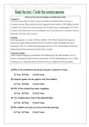 English Worksheet: reading- Survey of 14year-old students at Southlands School