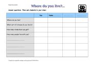 English worksheet: where do you live? ready questions provided