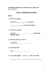 English worksheet: Getting to know you and me