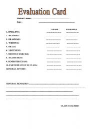 English worksheet: evaluation card